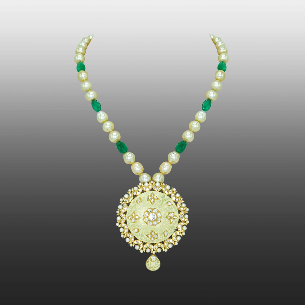 Ivory-Mint Enamel Pendant Necklace with Pearls and Emeralds